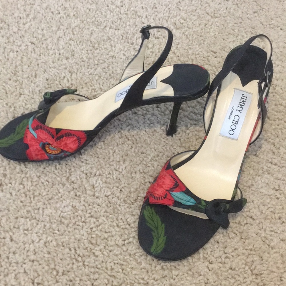Jimmy Choo 3” open toe heel black/tropical print